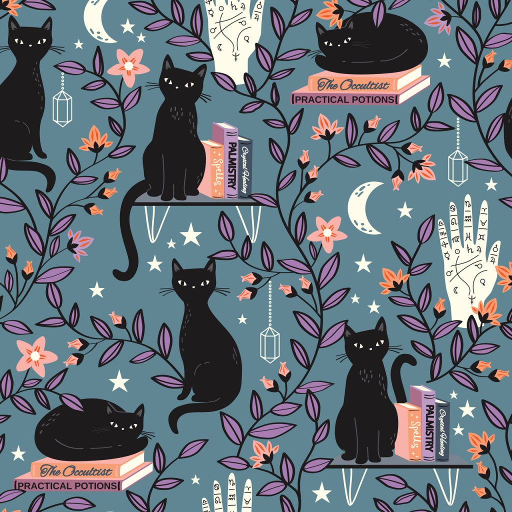 spellbound by sally mountain cats halloween fabric collection