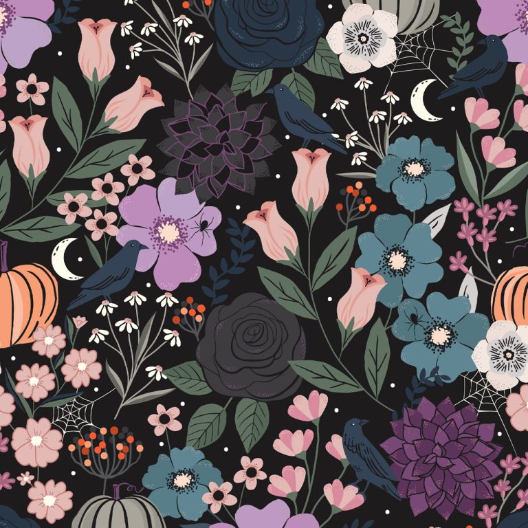 spellbound by sally mountain floral halloween fabric collection