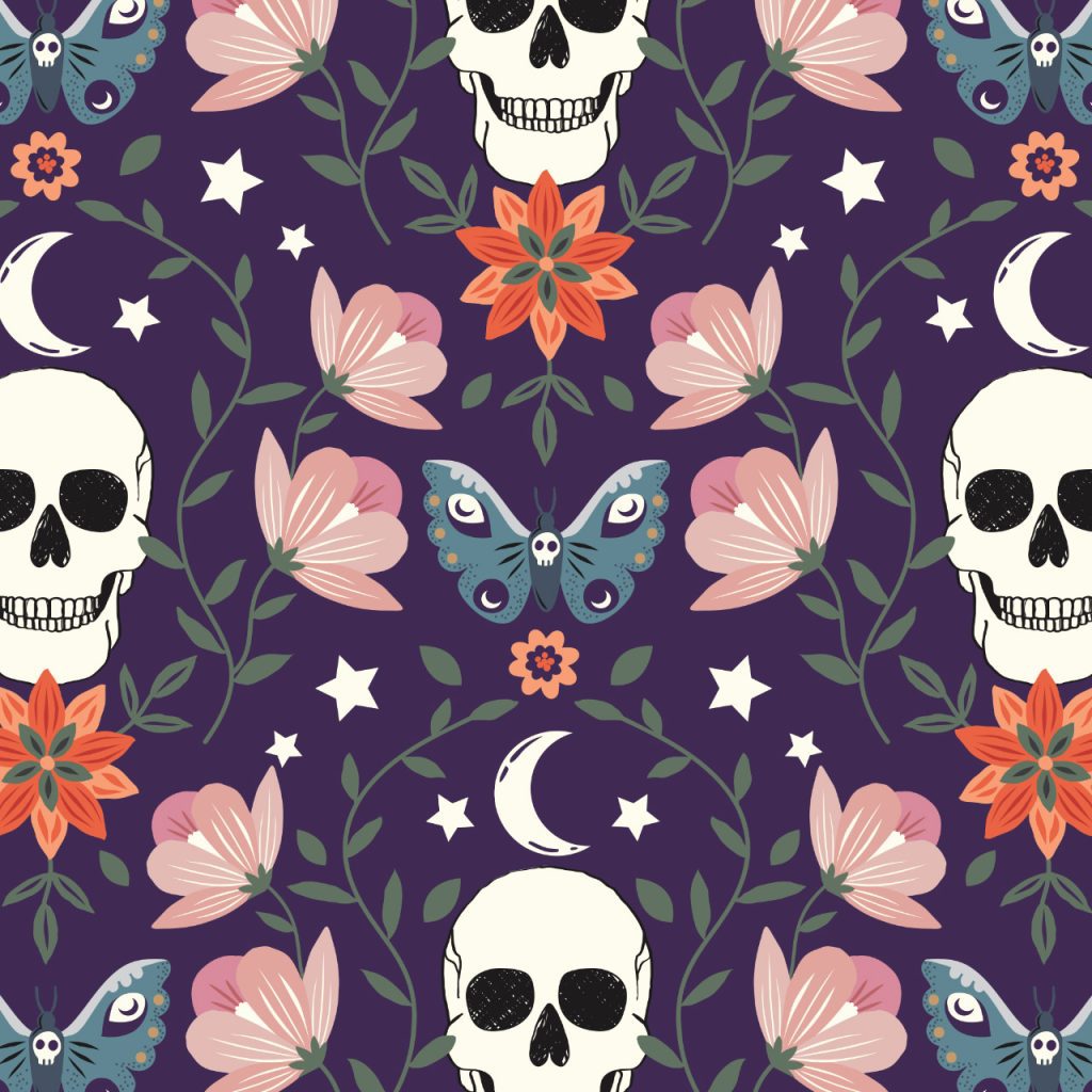 spellbound by sally mountain skulls and butterflies halloween fabric collection