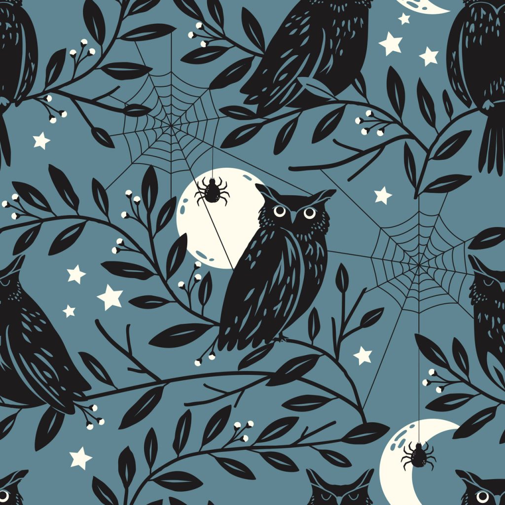 spellbound by sally mountain owls halloween fabric collection